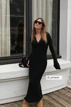 NA-KD Rib Knitted Trumpet Sleeve Dress