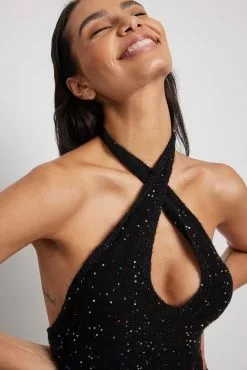 NA-KD Trend Knitted Halterneck Sequin Dress -Party Dresses Sales knitted halterneck sequin midi dress 1018 009901 000213168