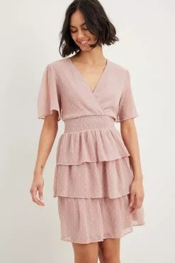 NA-KD Recycled Dobby Smocked Flounce Dress