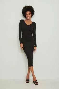 NA-KD Basic V-Neck Rib Long Sleeved Midi Dress -Party Dresses Sales nakd organic v neck rib long sleeved midi dress 1044 000241 0002 02c