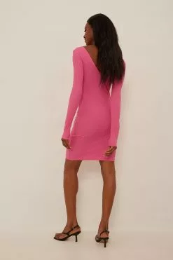 NA-KD Basic V-Neck Rib Long Sleeved Mini Dress -Party Dresses Sales nakd v neck rib long sleeved mini dress 1100 005925 0015 04 3