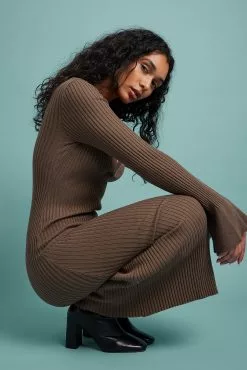 NA-KD Rib Knitted Trumpet Sleeve Dress -Party Dresses Sales rib knitted trumpet sleeve dress 1100 006350 001723885