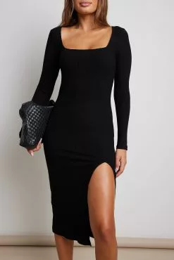 NA-KD Square Neck Slit Rib Dress