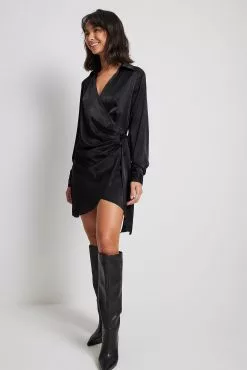 NA-KD Wrap Satin Shirt Dress
